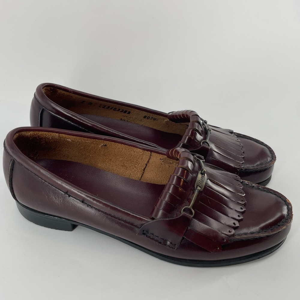 Vintage GH Bass Kiltie Loafers Women 7.5 Leather Oxblood Fringe Horse Bit Preppy